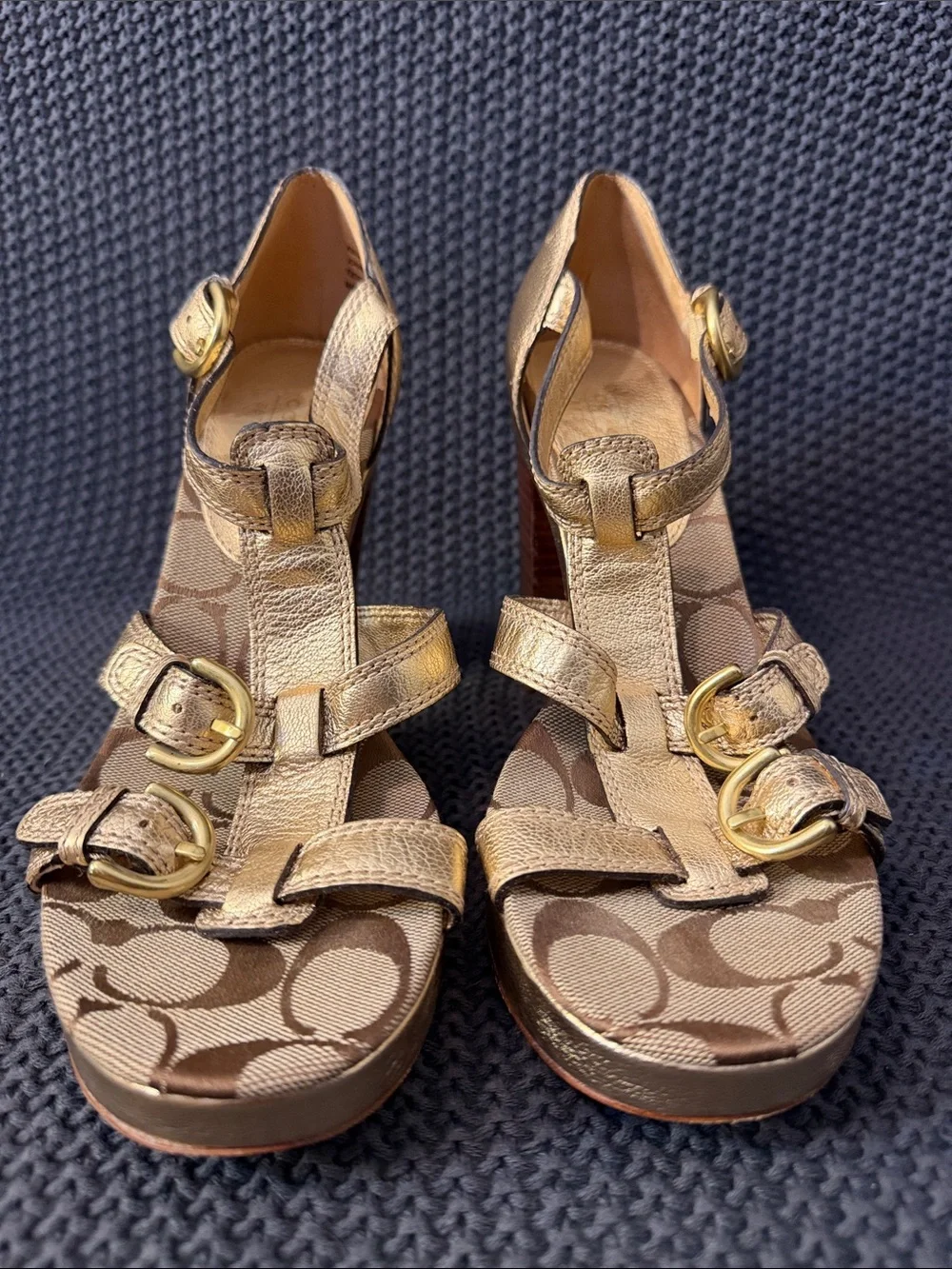 Coach Gold Leather & Signature Canvas Platform Heels